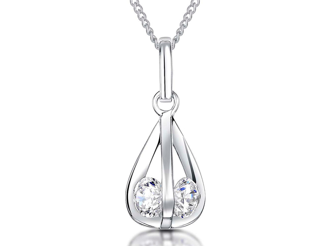 Sterling Silver Teardrop Cage Pendant With Inset Cubic Zirconias
