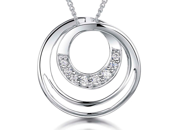 Sterling silver three circle pendant with cubic zirconia stones set in the inner circles, attached to a silver chain-JOOLS by Jenny Brown