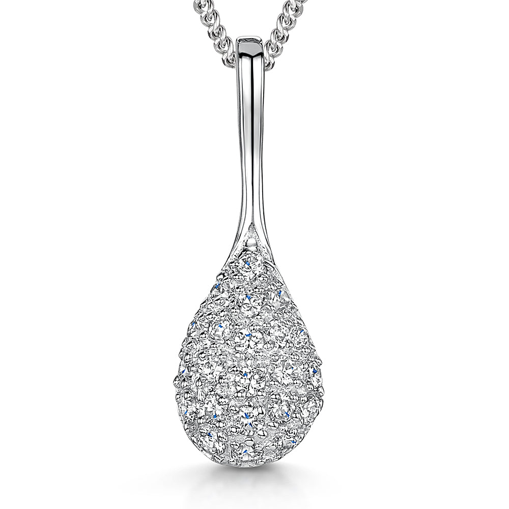 Sterling Silver  Pave Cubic Zirconia Elongated Teardrop Pendant