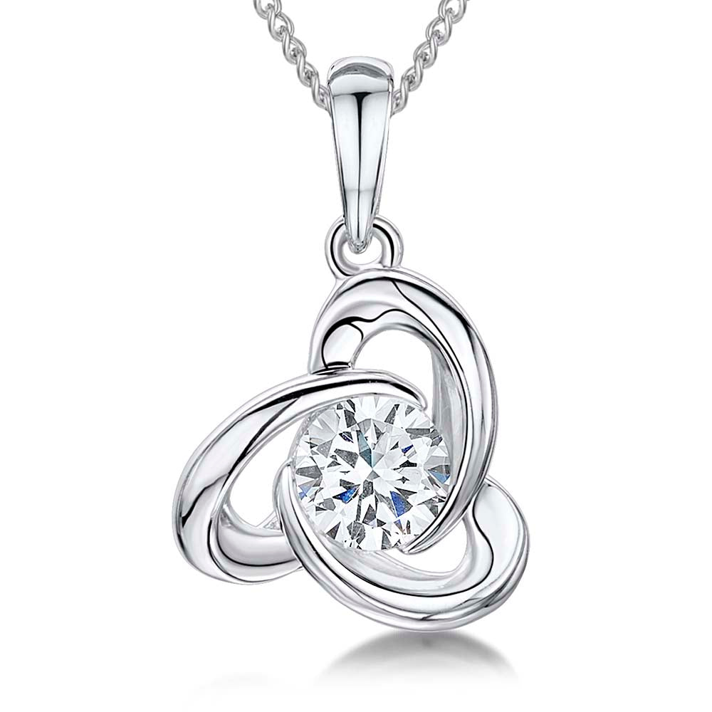 Sterling Silver Triangle Shaped Pendant With Open Curve Setting And Solitaire Cubic Zirconia