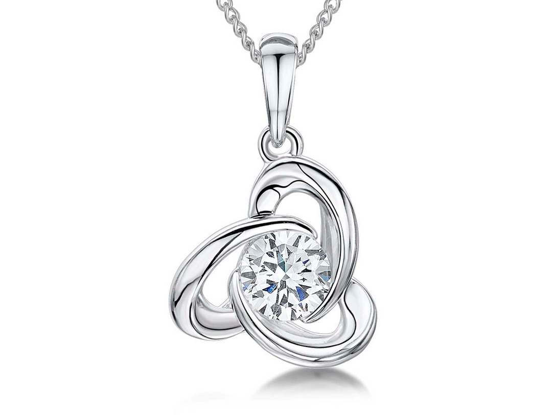 Sterling Silver Triangle Shaped Pendant With Open Curve Setting And Solitaire Cubic Zirconia