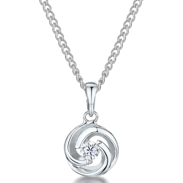 Sterling Silver Round Pendant With Cubic Zirconia In A Swirl Effect Setting