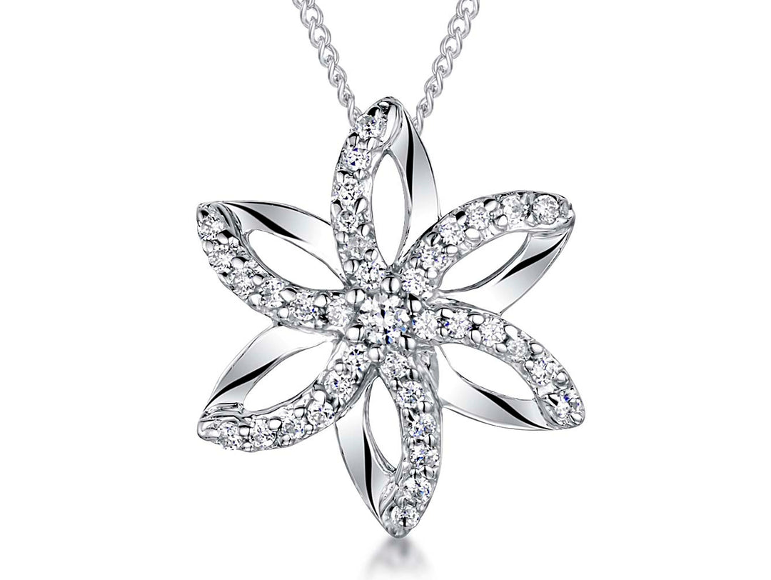 Sterling silver flower pendant with six stone set petals, displayed on a chain-JOOLS by Jenny Brown