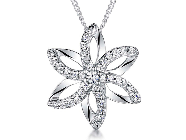 Sterling silver flower pendant with six stone set petals, displayed on a chain-JOOLS by Jenny Brown