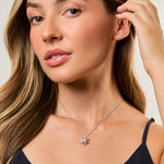 Load image into Gallery viewer, Sterling silver flower pendant with six stone set petals, displayed on a chain-JOOLS by Jenny Brown
