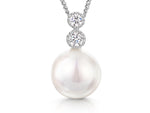 Load image into Gallery viewer, A sterling silver necklace with a 9mm freshwater pearl pendant and two white zirconia stones set above the pearl.
