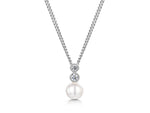 Load image into Gallery viewer, A sterling silver necklace with a freshwater pearl pendant and two white zirconia stones set in a rhodium finished chain-JOOLS by Jenny Brown
