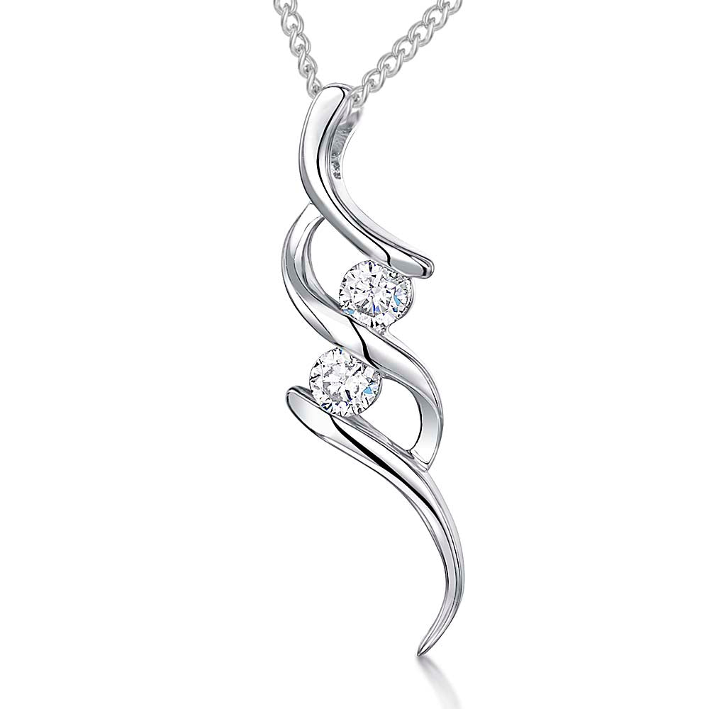 A sterling silver double curl pendant set with two round brilliant cut cubic zirconia stones, suspended from a silver chain.