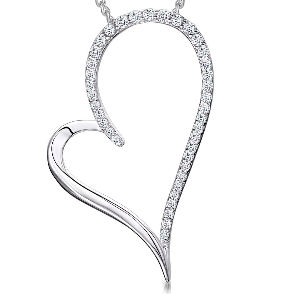 Sterling Silver Heart Pendant Half Stone Set With Cubic Zirconias