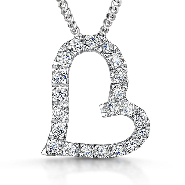 A sterling silver offset pave heart pendant with a cubic zirconia surround, set with small blue stones, on an adjustable chain-JOOLS by Jenny Brown