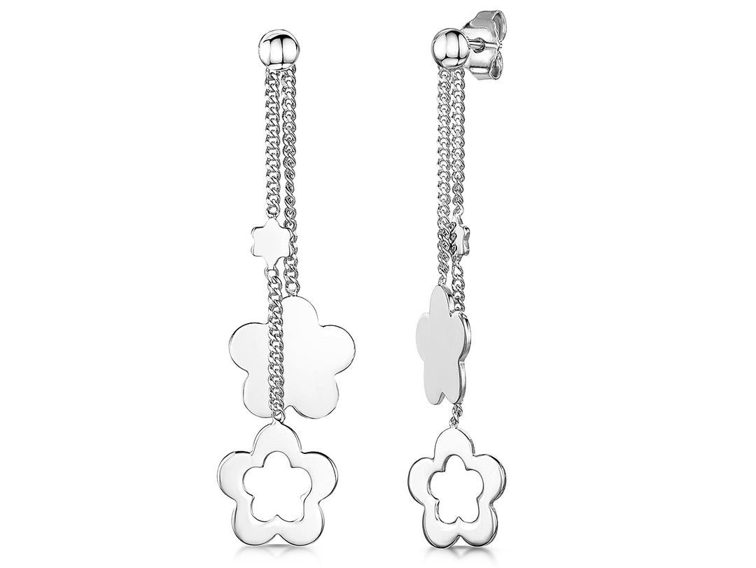 Sterling Silver Drop Earring With Solid & Open Flowers
