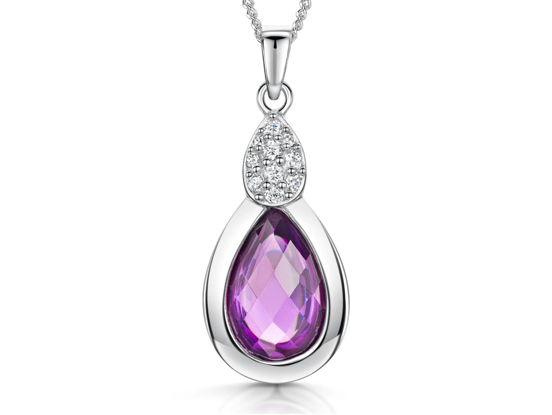 A sterling silver pendant with a teardrop-shaped amethyst cubic zirconia and smaller surrounding cubic zirconia stones, 