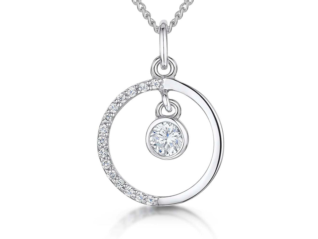 Sterling Silver  Floating Cubic Zirconia Half Pave Circle Pendant