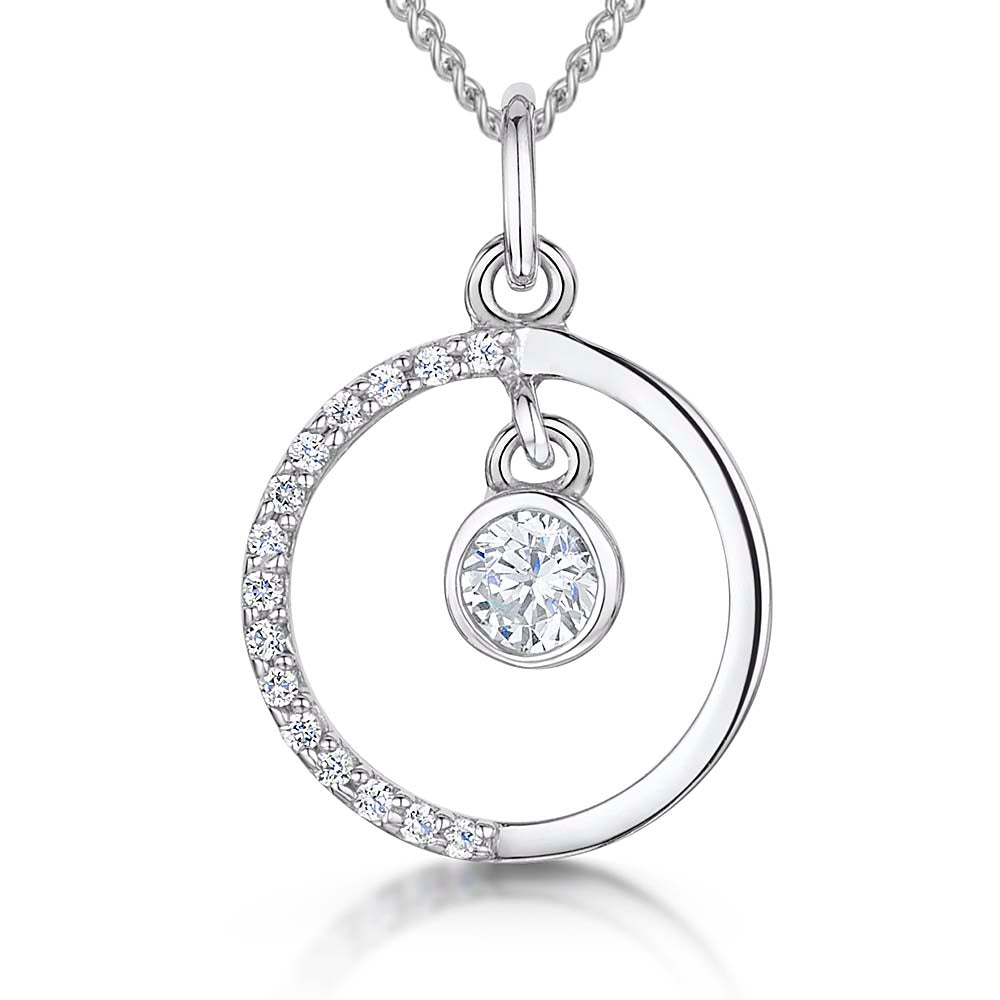 Sterling Silver  Floating Cubic Zirconia Half Pave Circle Pendant