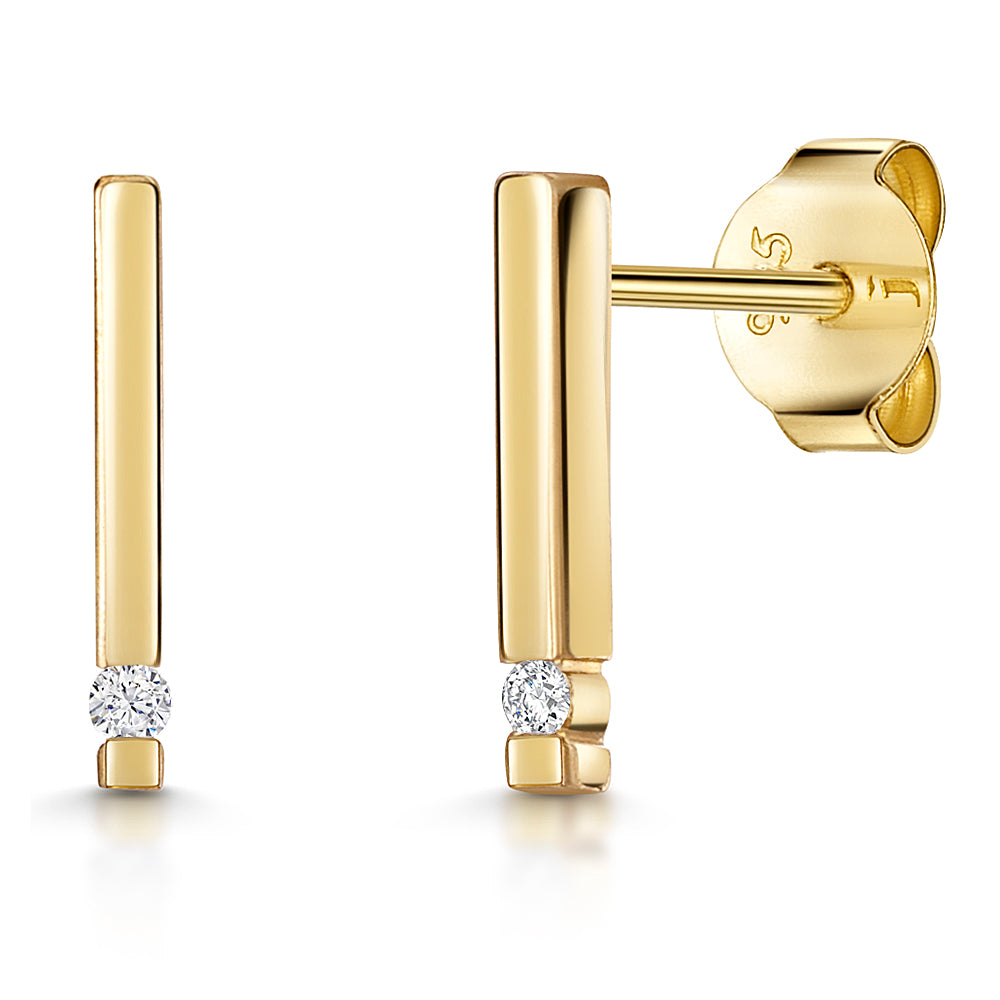 Yellow Gold  Rectangular Bar Earrings Set With Diamonds