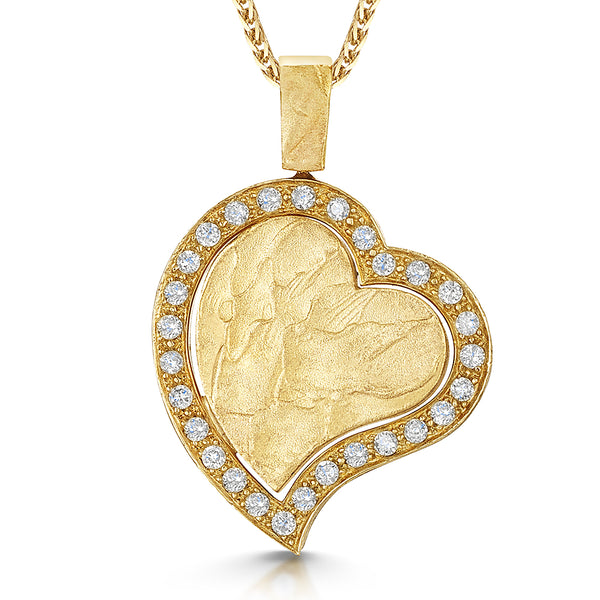Yellow Gold Textured Offset Heart Pendant Set With Diamonds