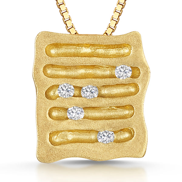 Yellow Gold Scattered Diamond Square  Ridged Pendant