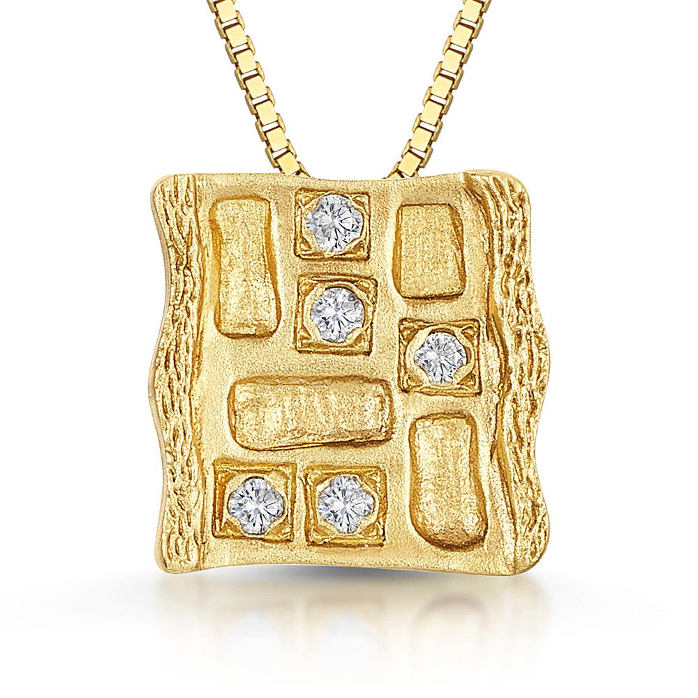 9ct Yellow Gold Textured Square Pendant  Set With Diamonds-JOOLS by Jenny Brown