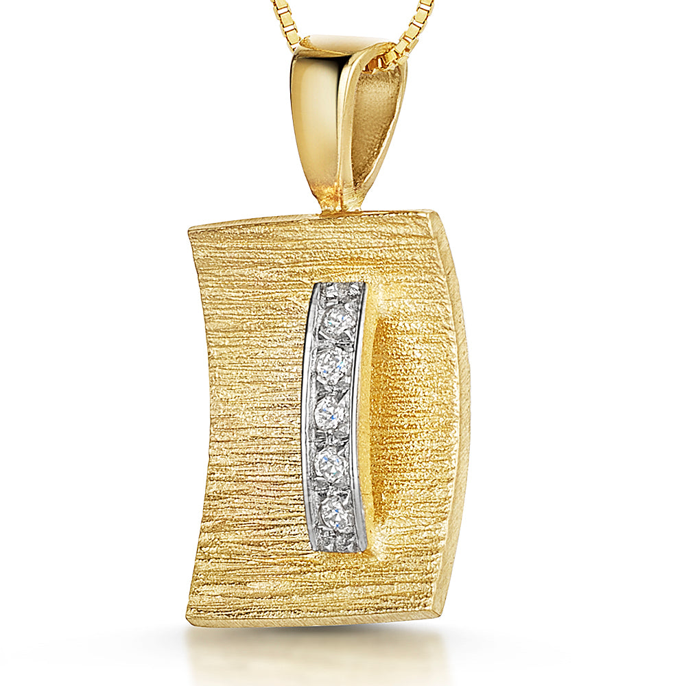 Yellow Gold Textured Square With Bar Of Diamonds