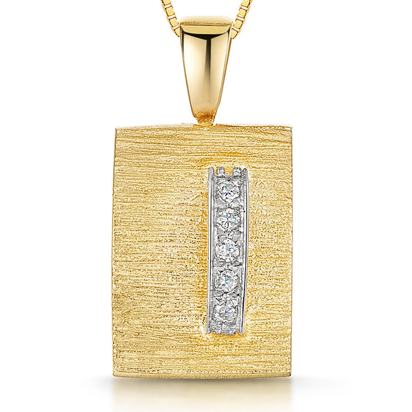 Yellow Gold Textured Square With Bar Of Diamonds