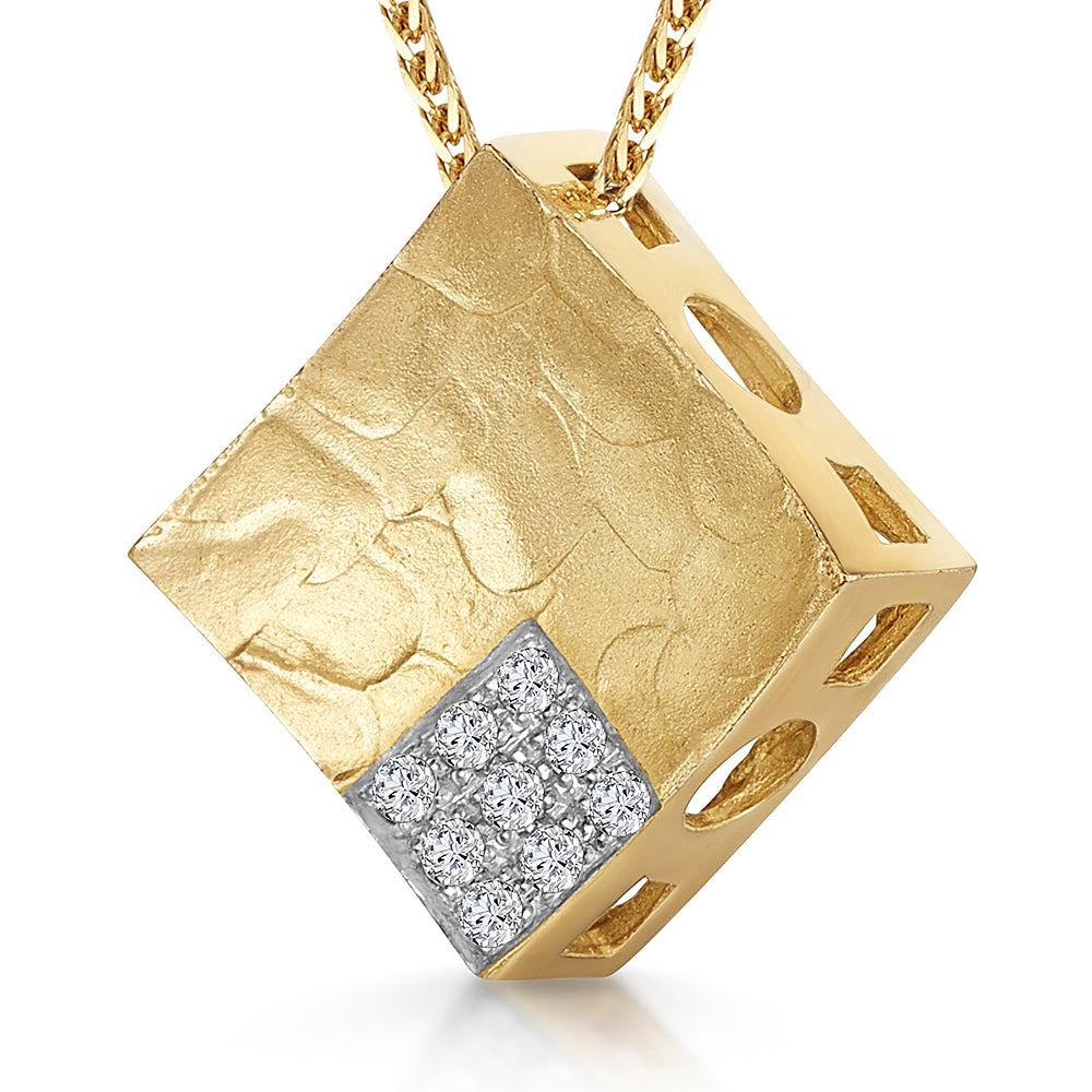 A yellow gold diamond offset textured square pendant on a 16-inch box chain.