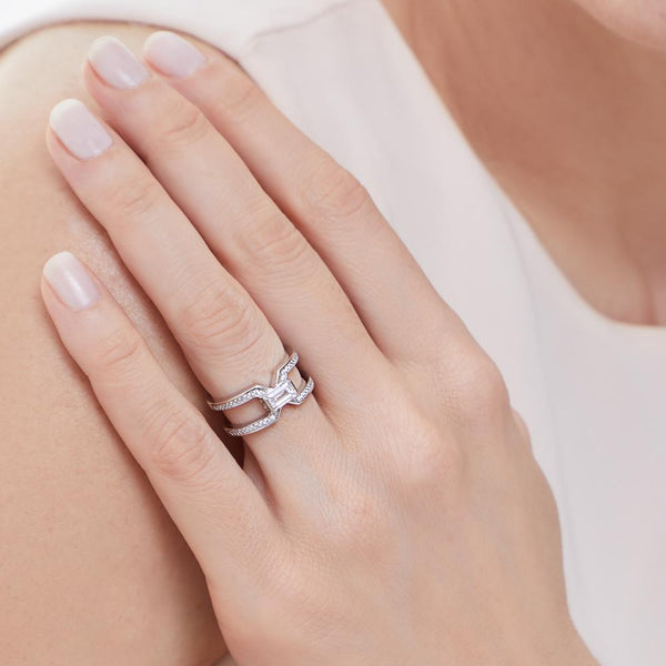 Sterling Silver Half Carat Emerald Cut Cubic Zirconia Ring  With Pave Set ShouldersRings - JOOLS By Jenny Brown