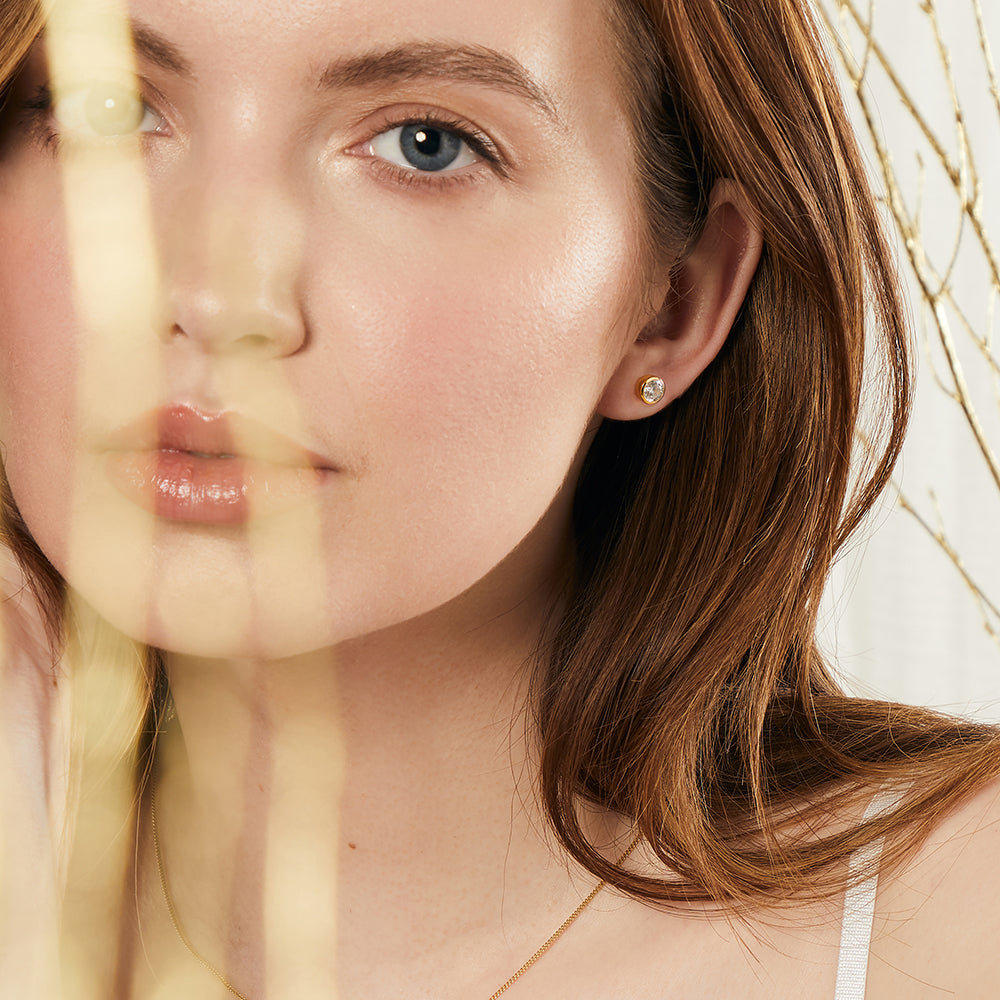 Yellow Gold  5mm Stud Earrings With Cubic Zirconia -JOOLS by Jenny Brown