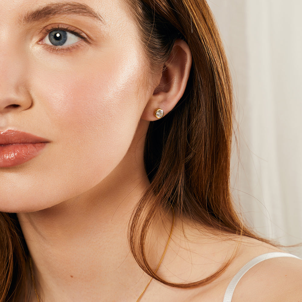 Sterling Silver, Yellow Gold Half Carat Cubic Zirconia Stud Earrings