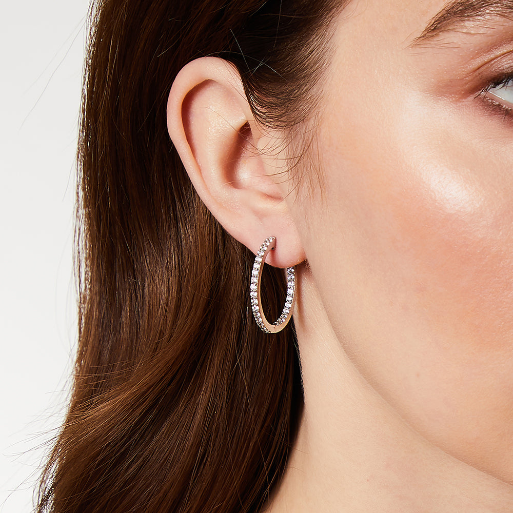 Sterling Silver Medium Hoop Earrings Set With Cubic Zirconia's.