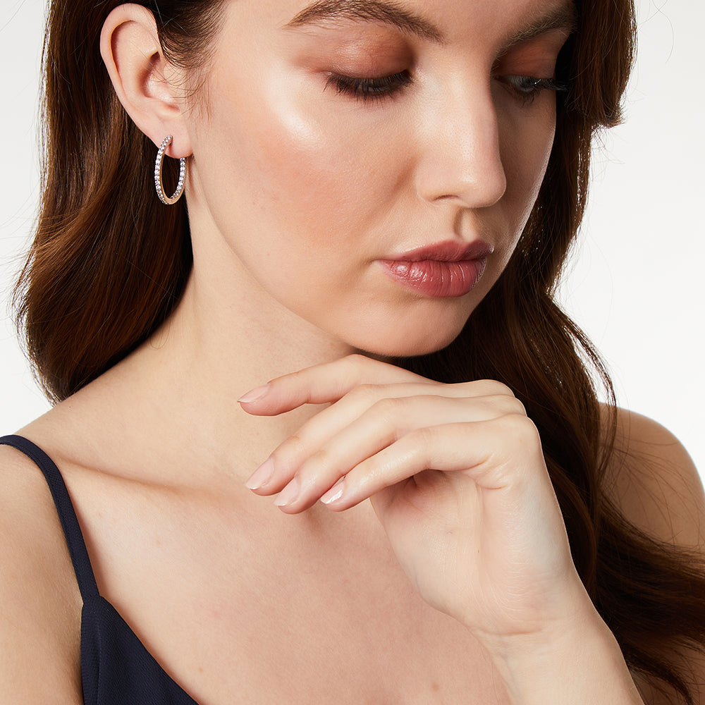 Sterling Silver Medium Hoop Earrings Set With Cubic Zirconia's.