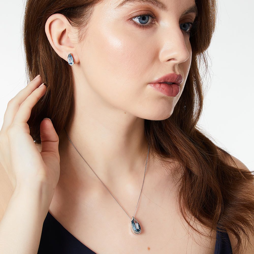 Sterling Silver Blue TopazPear Shape Cubic Zirconia Pendant