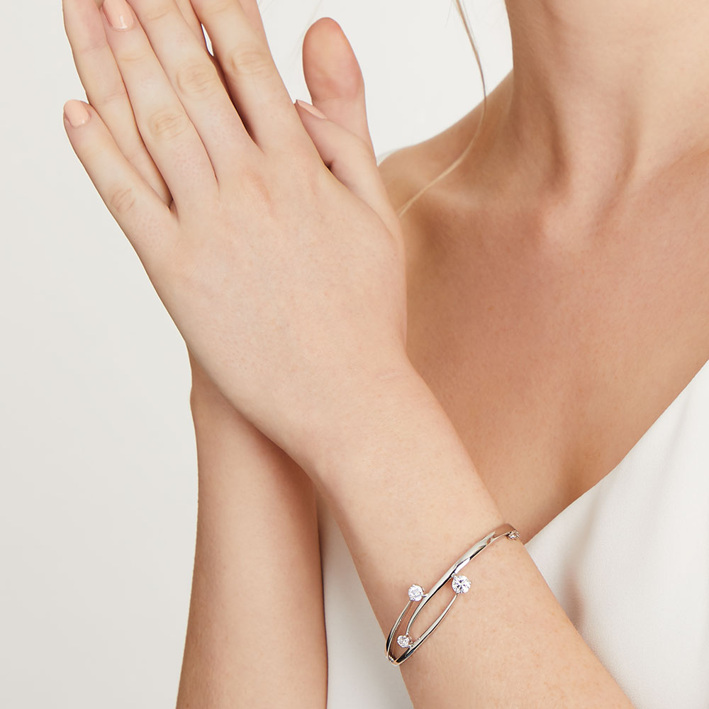 Sterling Silver Three Graduated Bangle With Cubic Zirconia Stones- JOOLS By Jenny Brown