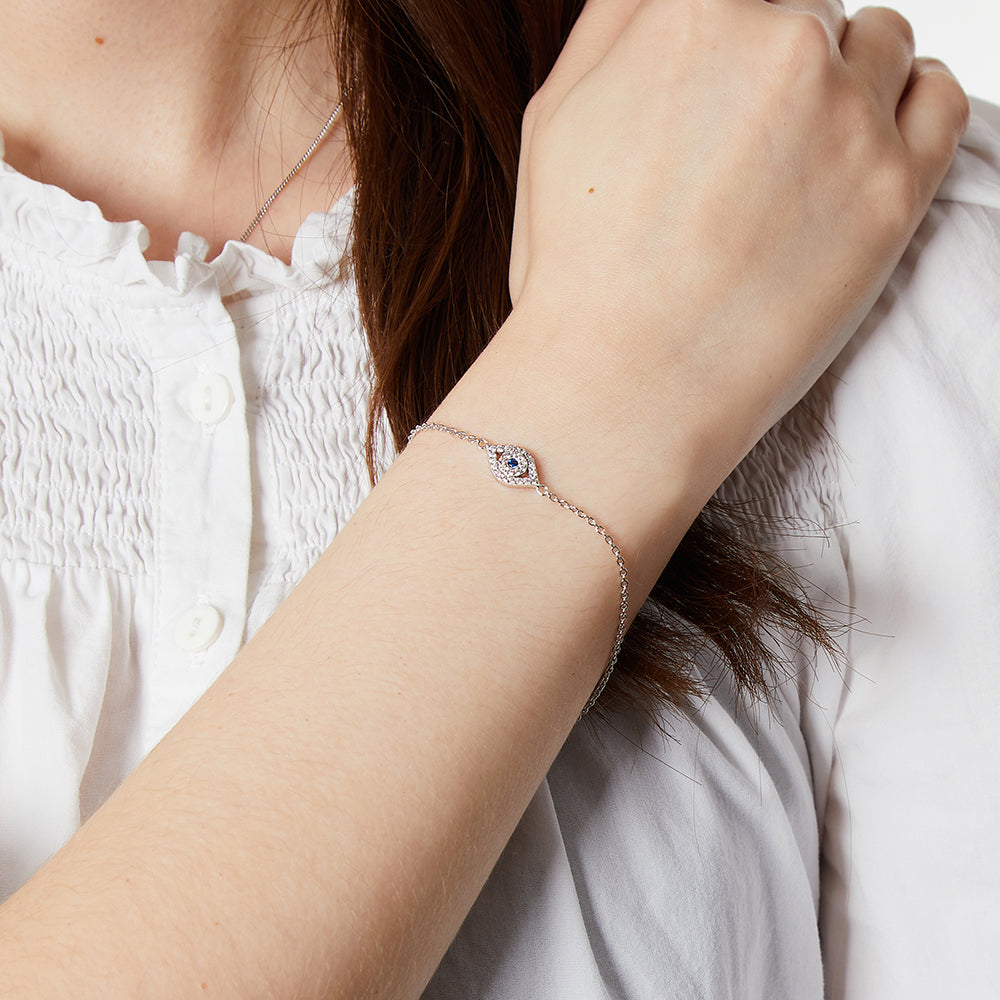 Sterling Silver and Cubic Zirconia Evil Eye Bracelet With A Blue Stone Centre- JOOLS by Jenny Brown