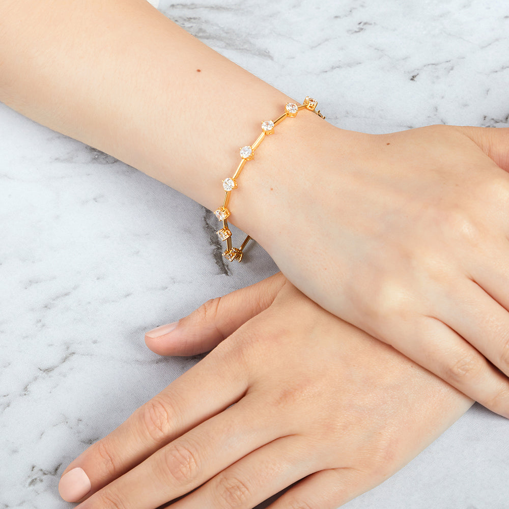 Sterling Silver Yellow Gold Plated Line Bracelet 14 Brilliant Cut Cubic Zirconia Stones-JOOLS by Jenny Brown