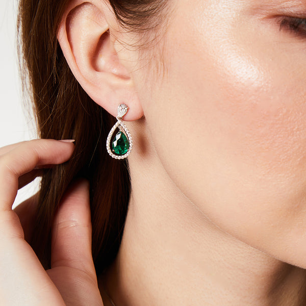 Sterling Silver Halo Teardrop Earrings Set With Green Emerald Cubic Zirconia's JOOLS By Jenny Brown