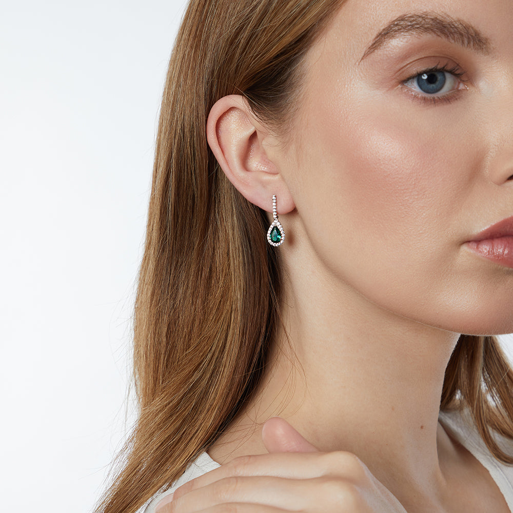 Sterling Silver Emerald Green Tear Cubic Zirconia  Drop Halo  Earrings JOOLS by Jenny Brown