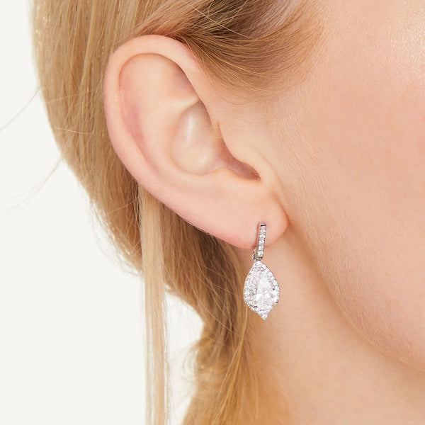 Sterling Silver Earrings Halo Style Earrings With a Pear Shape Stone Centre and Small Stone Surround - JOOLS By Jenny Brown