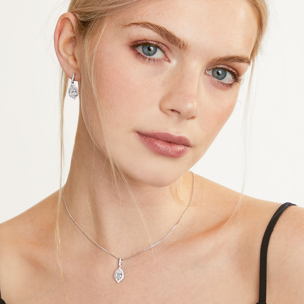 Sterling Silver Earrings Halo Style Earrings With a Pear Shape Stone Centre and Small Stone Surround - JOOLS By Jenny Brown