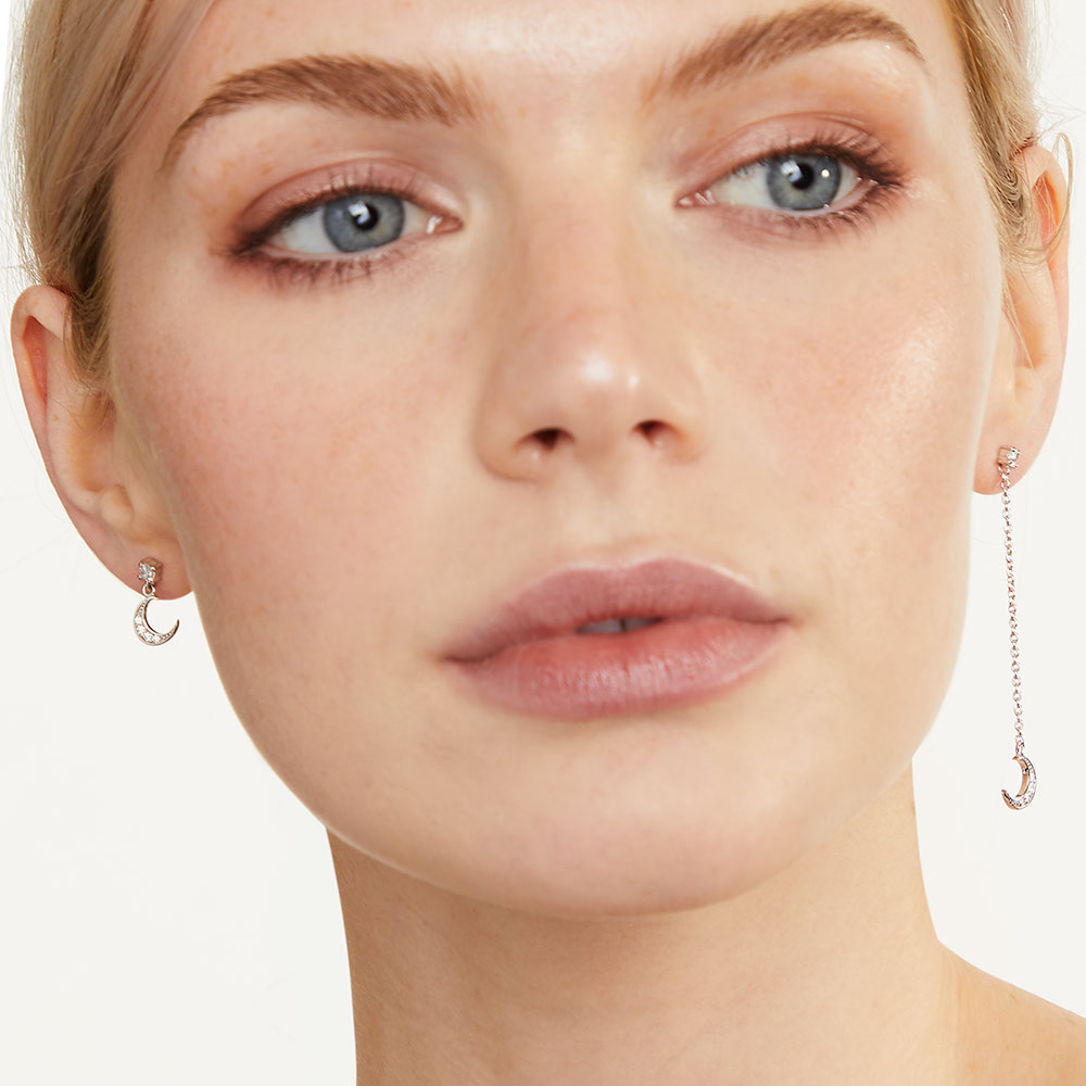 Sterling Silver Half Moon Stud And Long Chain Earrings-JOOLS by Jenny Brown