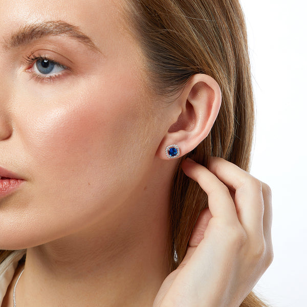 Sterling Silver Small  Blue Sapphire Cubic Zirconia Halo Earrings JOOLS by Jenny Brown 