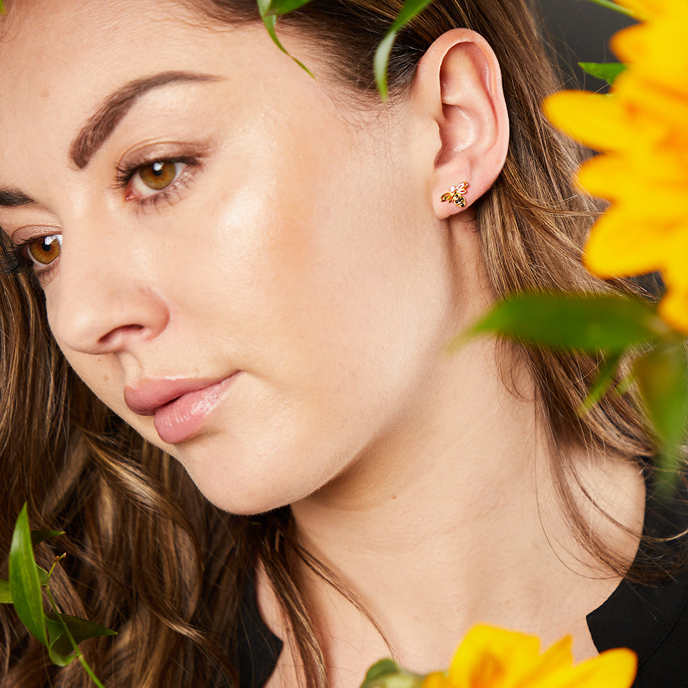 Sterling Silver Bee Yellow Gold Stud Earrings Set with Black Cubic Zirconias- JOOLS by Jenny Brown