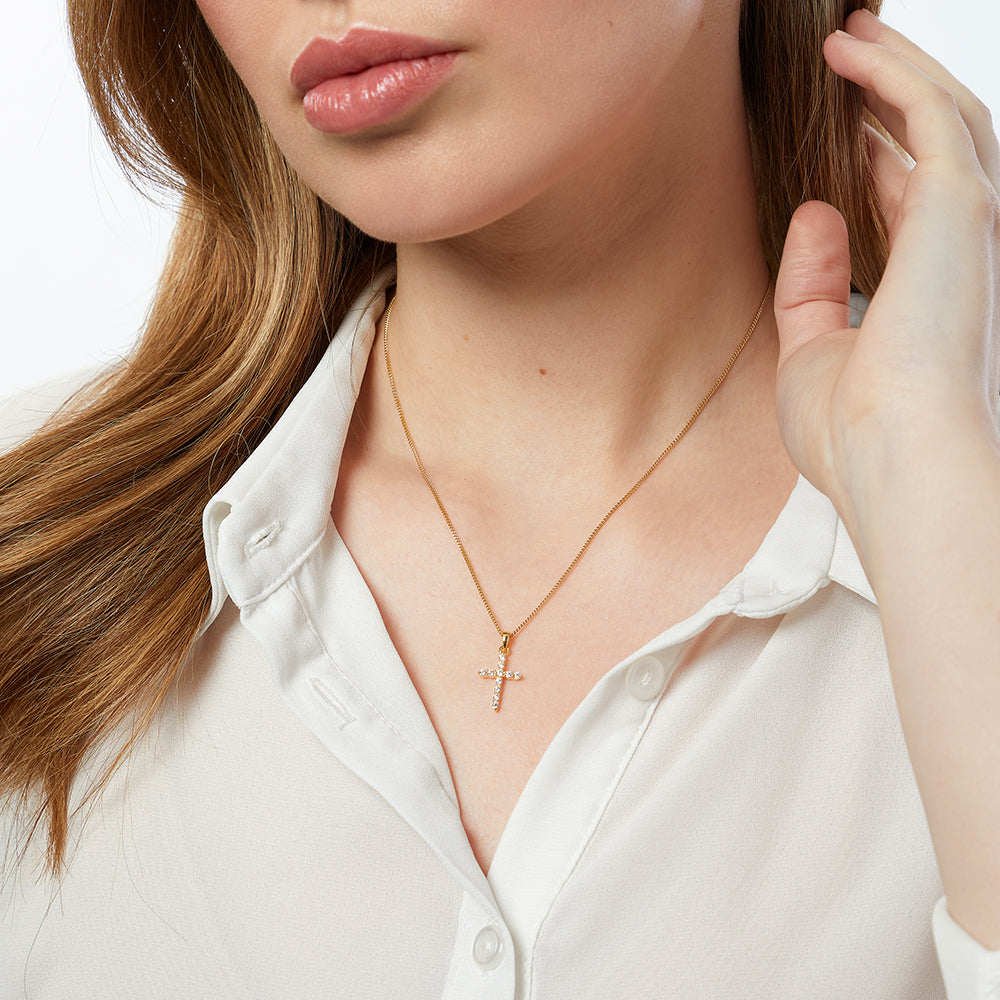 A yellow gold cubic zirconia small cross pendant on an 18ct gold vermeil  chain-JOOLS by Jenny Brown