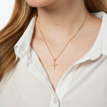 Load image into Gallery viewer, A yellow gold cubic zirconia small cross pendant on an 18ct gold vermeil  chain-JOOLS by Jenny Brown
