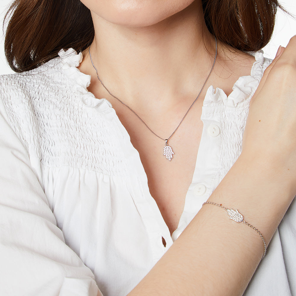 Sterling Silver Hamsa Hand Necklace Pave Set With Cubic Zirconia Stones  - JOOLS By Jenny Brown