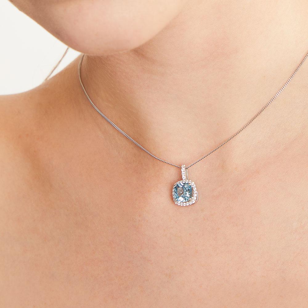 Sterling Silver Cushion Cut Pendant With Coloured Cubic Zirconia- Halo Style - JOOLS By Jenny Brown