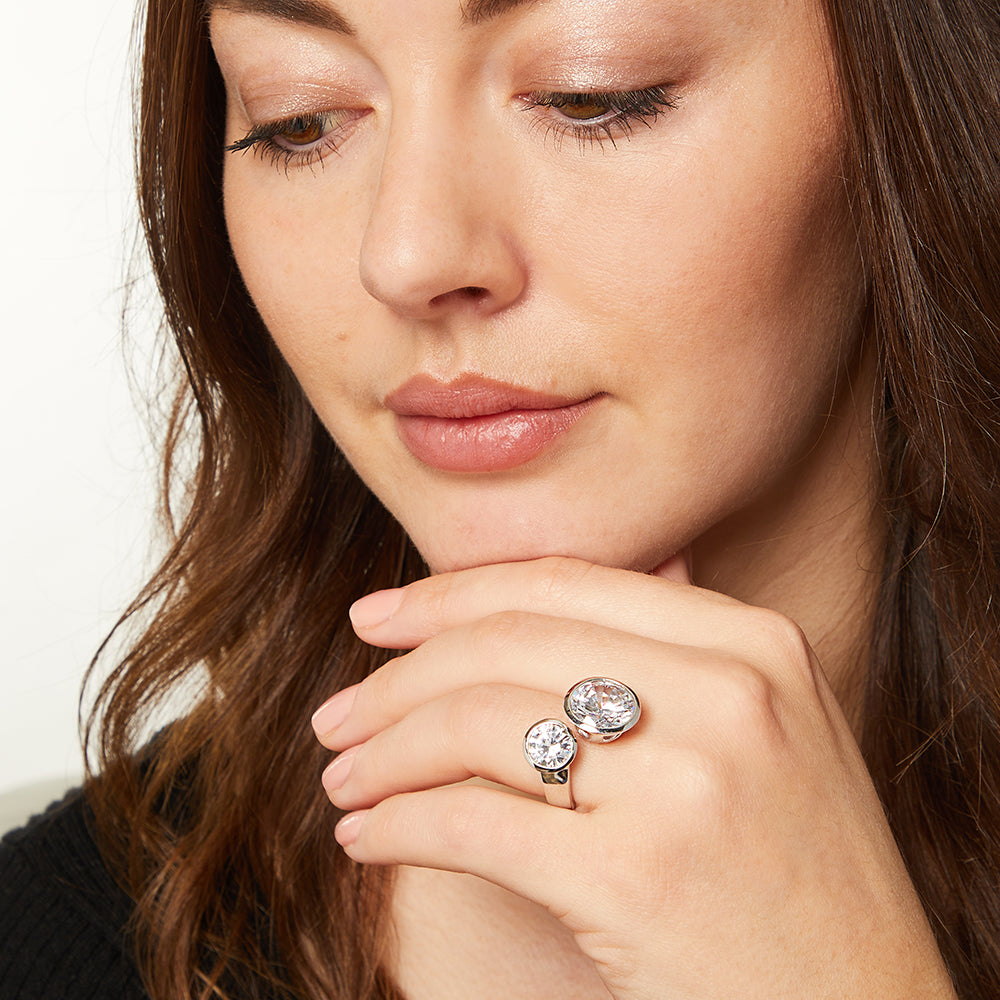 Sterling Silver Open Shank Ring With Two Cubic Zirconia Stones 8 Carat Total- JOOLS By Jenny Brown