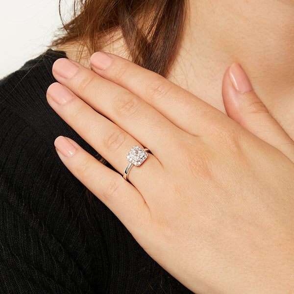 Sterling Silver Emerald Cut Halo Cubic Zirconia  Ring Set With A 1.25  Carat Centre Stones- JOOLS By Jenny Brown