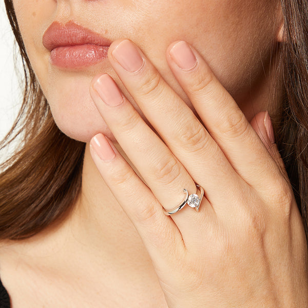 Sterling Silver Ring With Solitaire Cubic Zirconia In A Swirl Setting JOOLS by Jenny Brown