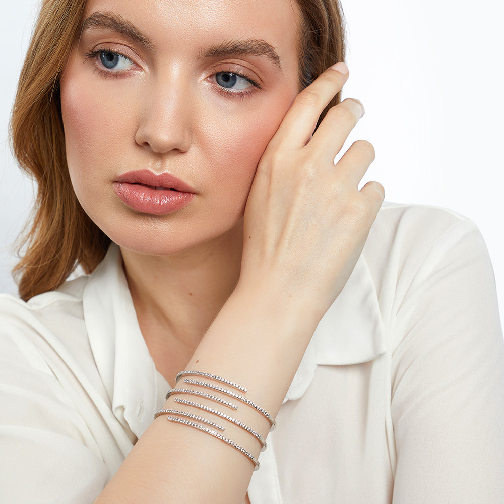 Sterling Silver Wide Cuff Bangle With Cubic Zirconia Strands On  A Spring Opening JOOLS by  Jenny Brown