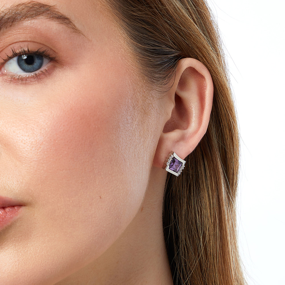 Sterling Silver And Amethyst Cubic Zirconia Square Offset Earrings - JOOLS By Jenny Brown